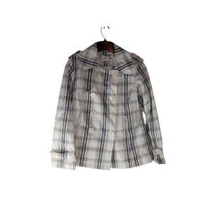 Big Chill Women's Trench Black White Stripes Button Polyester Coat No Belt  sz L